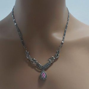 Vintage Rose Quartz Marcasite Teardrop Necklace